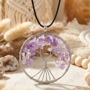 Boho Chic Tree Of Life Necklace Genuine Amethyst Crystals Silver Plated Charm